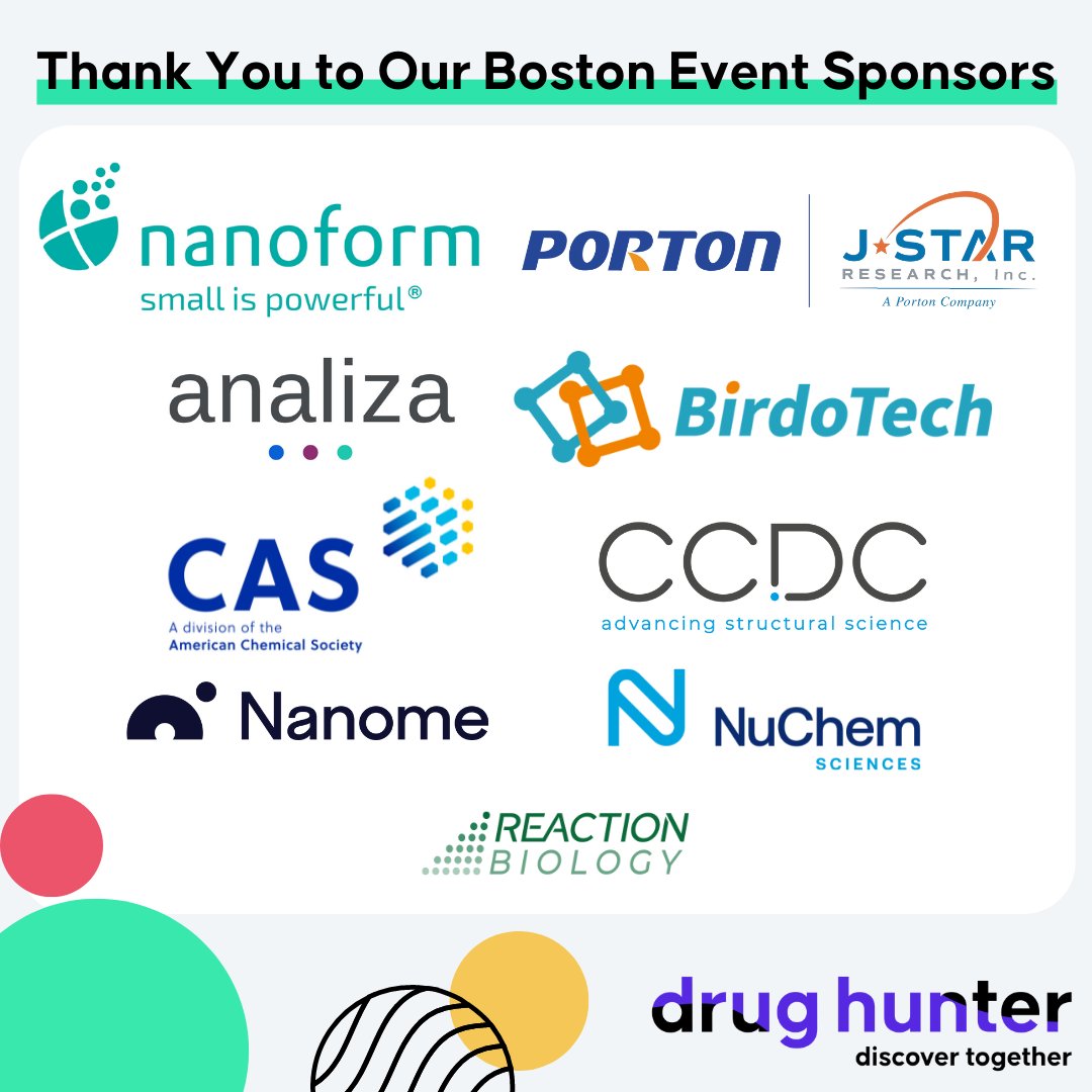 Thank You to Our Boston Event Sponsors | drughunters.com/3CZ5raS

Thanks to this week’s Boston event sponsors for helping make another great Drug Hunter mixer possible! We’ll be in the SF Bay Area, San Diego, Research Triangle, and the UK + EU soon - sign up to get notified