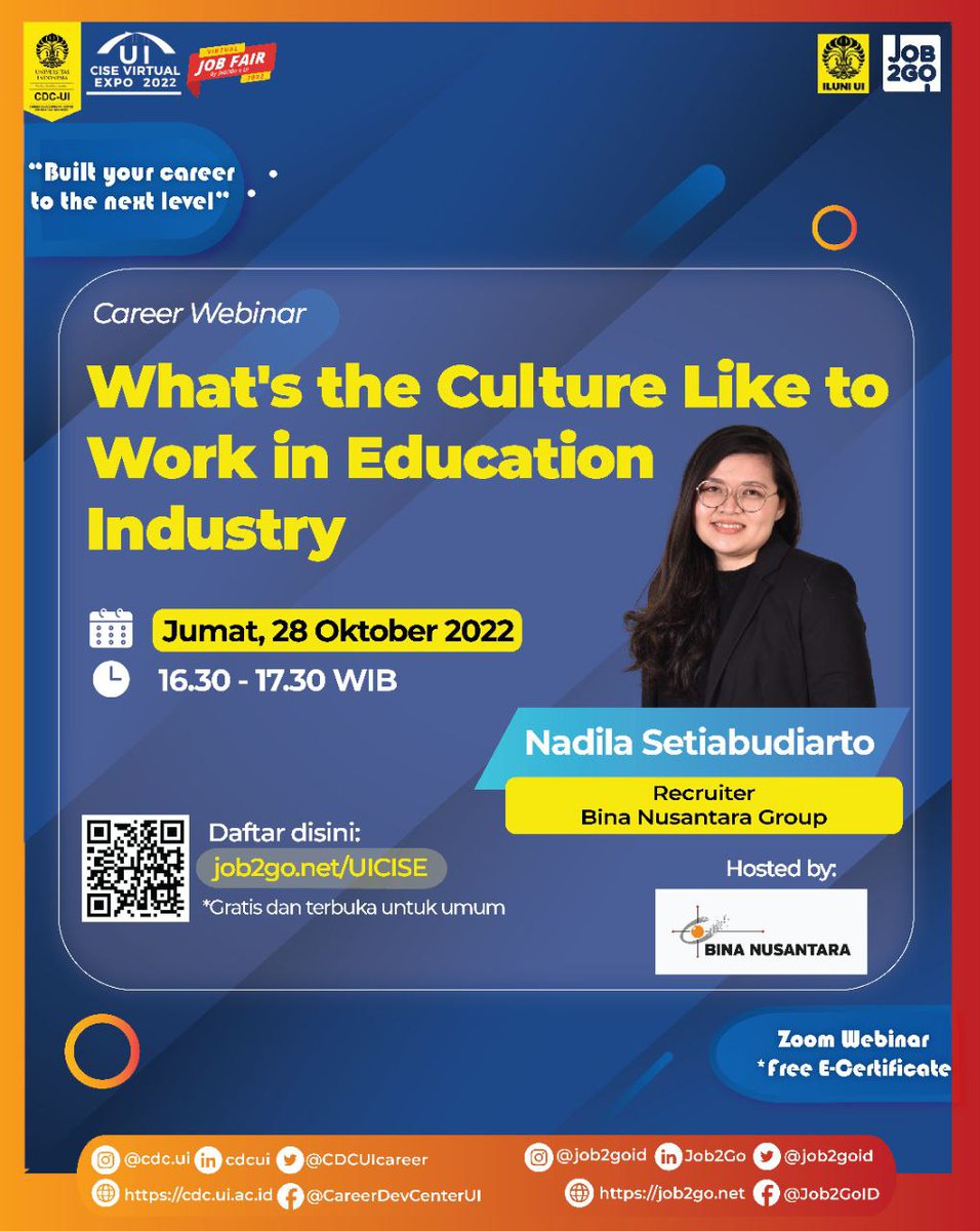 alumniUI's tweet image. Topik: What&apos;s the Culture like to Work in Education Industry
Pembicara:
- Nadila Setiabudiarto (Recruiter)
Hari/tanggal: JUMAT, 28 OKTOBER 2022
Waktu: 16:30 - 17:30 WIB
Media: Zoom Webinar
Link pendaftaran: job2go.net/UICISE