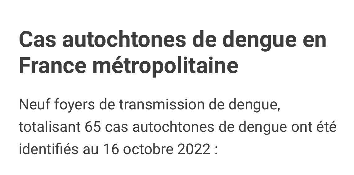 Intensa temporada de circulacion y transmision local de dengue en Francia. 212 casos de dengue importados 9 brotes de dengue con 65 casos autoctonos a fecha 16 de octubre. santepubliquefrance.fr/maladies-et-tr…