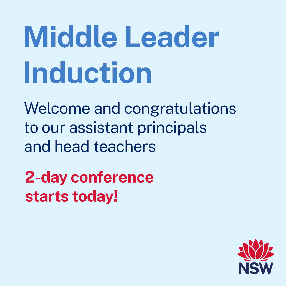 Welcome to the 656 NSW public school assistant principals and head teachers starting induction today. Induction supports middle leaders to enhance knowledge of their role, strengthen understanding of middle leader practices and develop self-awareness as leaders. 
#NSWDoEMLI