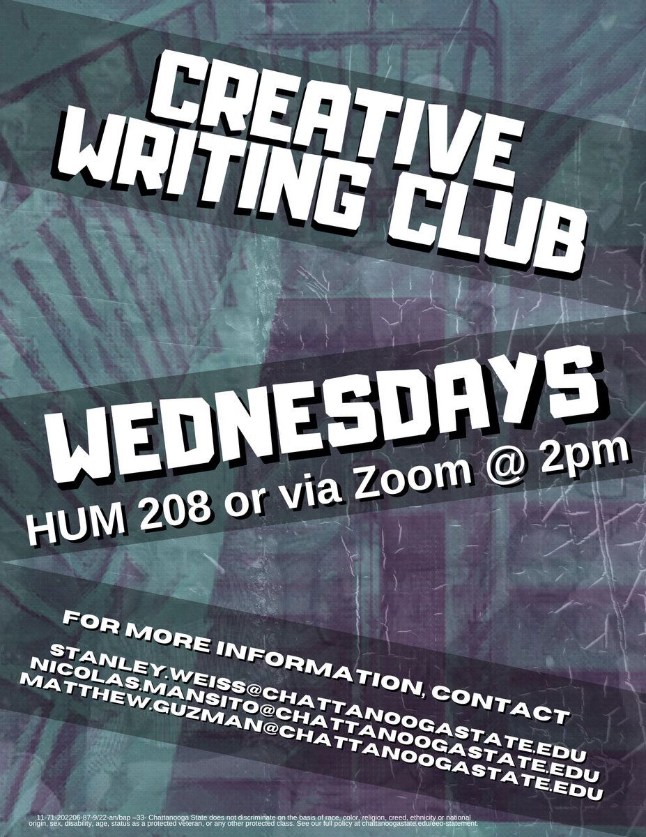 chattstatehfa's tweet photo. Do you love to write? Join the Creative Writing Club! 🖋️ #chattstatehfa https://t.co/kb3Gguz9q2