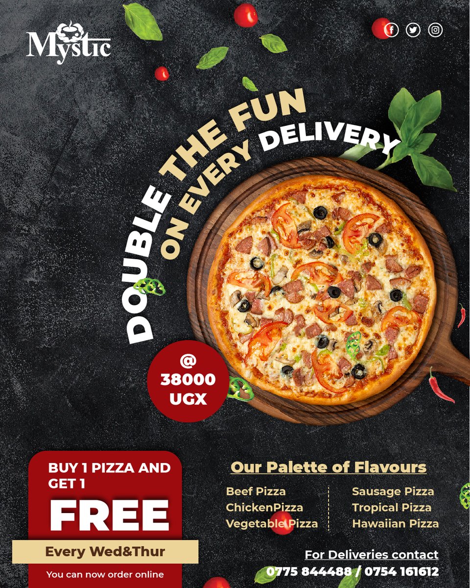 CafeMystic1's tweet photo. Pizza never goes out of style and we go extreme every Wednesday and Thursday!🍕🍕

Get one for you and one for your friends from us.
Contact: 0754161612 / 0775844488 for deliveries
.
.
#DinewithTheRoyals #cafemystic #pizzatime https://t.co/ieS6nna5nD