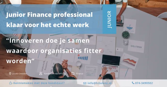 HiTalent2's tweet photo. Junior Controller/Administrateur | Innoveren doe je samen waardoor organisaties fitter worden . Voor CV, meer informatie en contact zie: https://t.co/ynuoSf2YLm https://t.co/5UOqk0l2KY