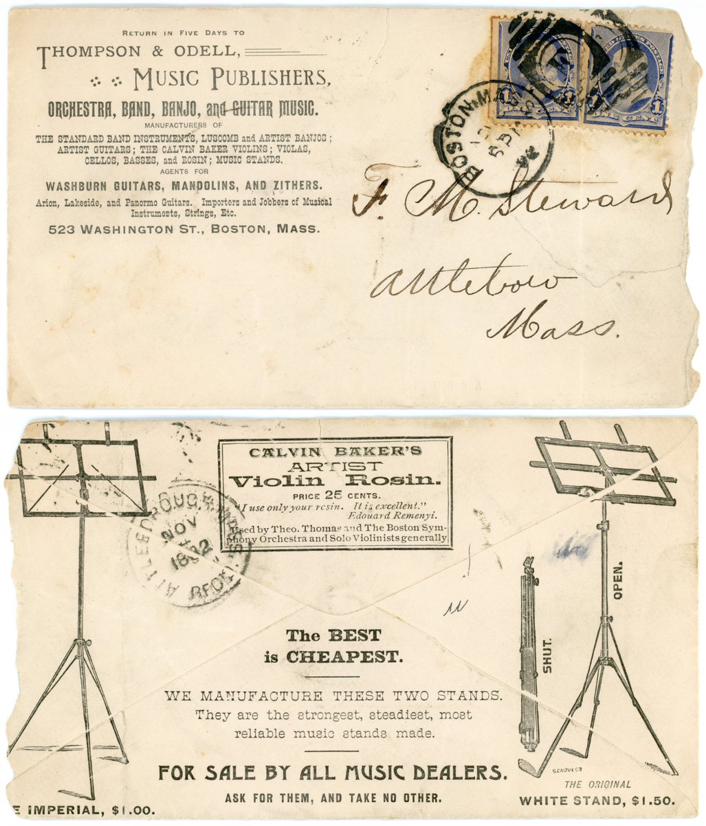 Advertising cover for Thompson &amp; Odell, Music Publishers. On the back is an advertisement for Calvin Baker's Artist Violin Rosin - Boston, Massachusetts - 1892. #Stamps #Philately