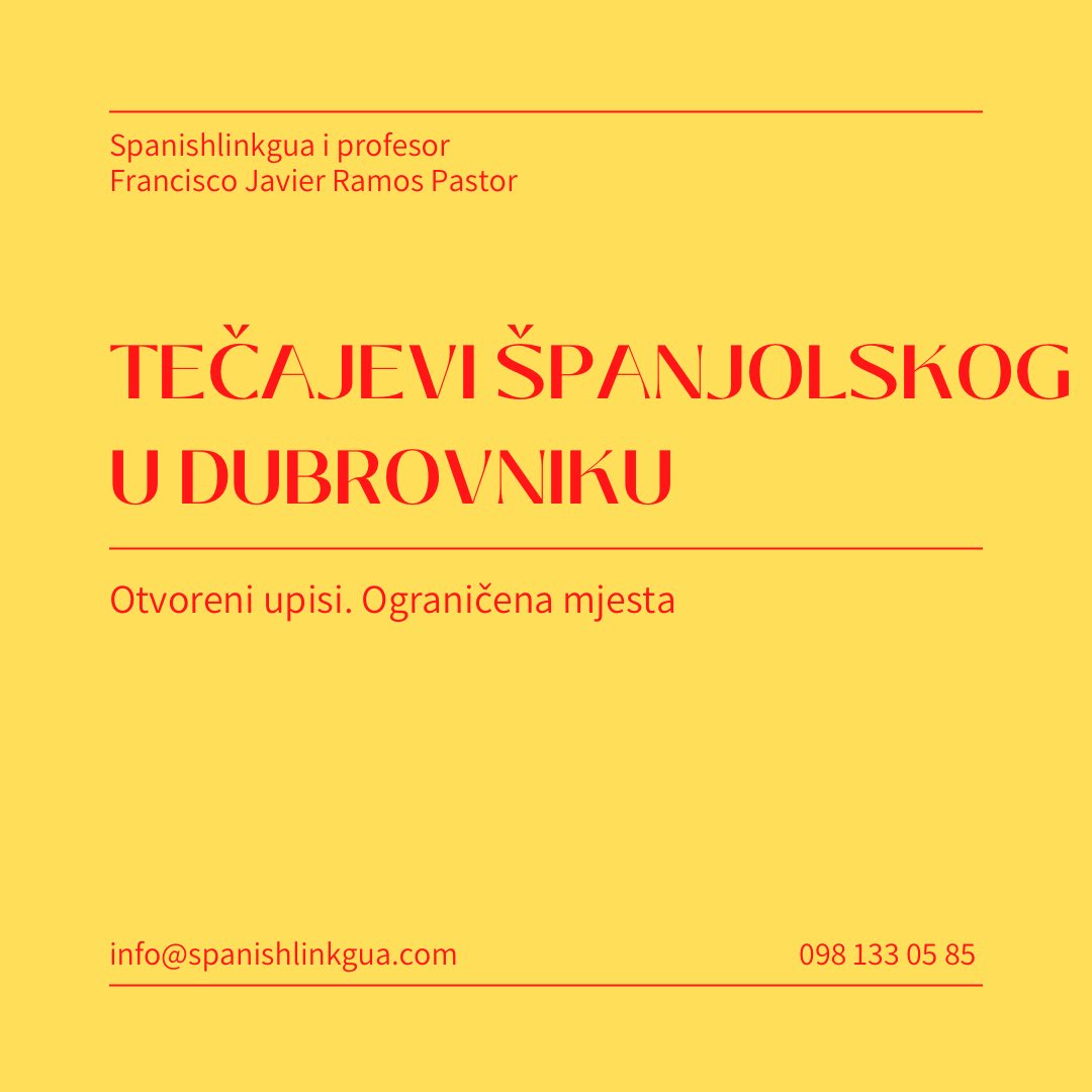 Izvrsna ponuda tečajeva španjolskog u Dubrovniku. Sve razine (A1-C2). 

Ukoliko trebate više informacija, posjetite sljedeću poveznicu: spanishlinkgua.com/hr/nastava-uzi…

Ukoliko ste zainteresirani, ispunite sljedeću registracijsku formu: forms.gle/P2HzdsDufDWQCz…