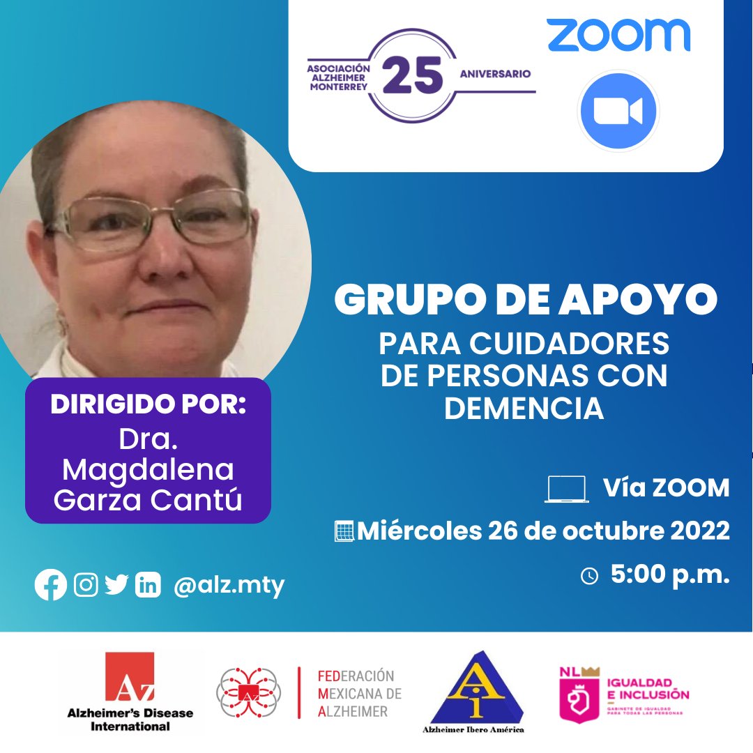 alzmty's tweet photo. ¡Hola! Te invitamos este Miércoles 26 de octubre a las 5 pm a nuestro grupo de apoyo para cuidadores vía zoom. 😃

Liga de zoom: 
https://t.co/VsAkfJw2Mg 

☎️ 8183404051⁠
📲 8118803433 Whatsapp⁠
📧 contacto@alz.mx⁠

#Alzheimer #AlzheimerMonterrey https://t.co/9T80NqlGiQ