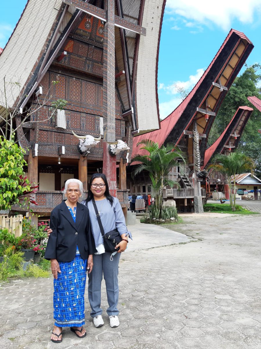 My father's traditional house or Tongkonan with a striped buffalo head or Tedong Bonga in Tondon Pangala Toraja, North Sulawesi, South Indonesia