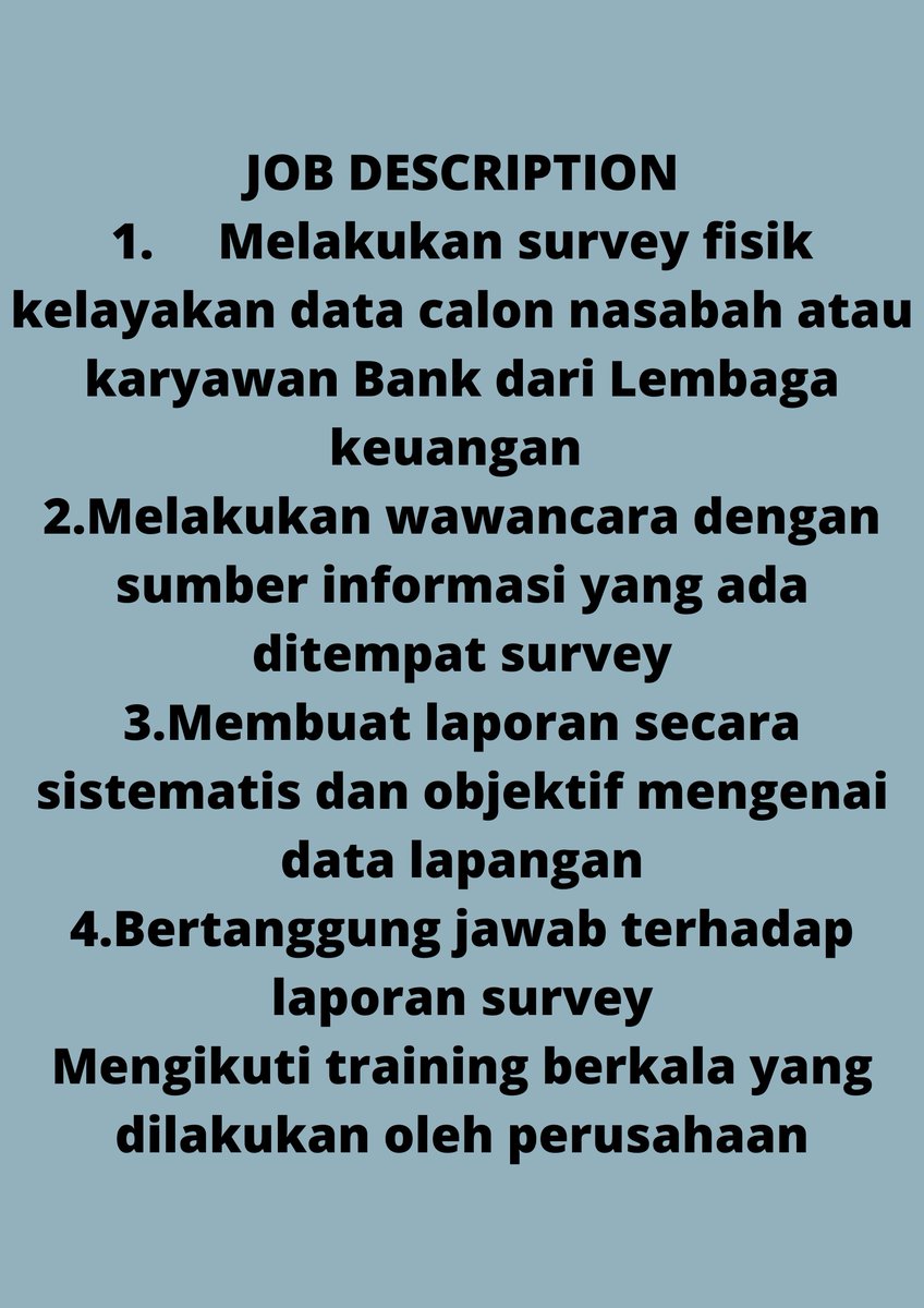 wij_corporate's tweet photo. PT Wahana Integrasi Jaya membutuhkan segera :
SURVEYOR AREA TANGERANG
kirim CV kr : hrd@wahana.pt
dengan subject : Surveyor_Area_Tangerang

#lowongankerja #surveyor #survey #lowongan #bank #cv https://t.co/0bFGNHCVA8