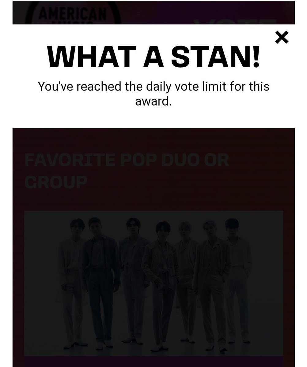 ⚠️Don't forget to vote on Website! 🗳️(billboard.com/amasvote/) I'm voting for BTS (@BTS_twt) for Favorite Pop Duo or Group at the #AMAs