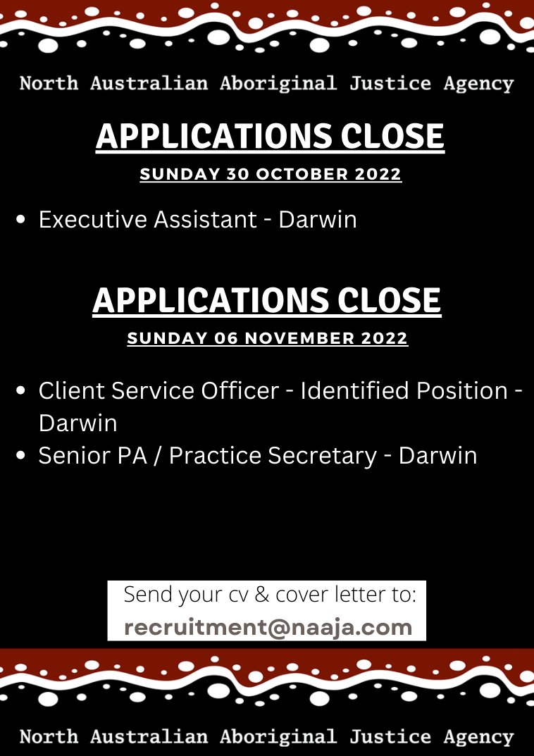Come join our amazing team at one of the nation's leading legal practices. Send your cv & cover letter to: recruitment@naaja.org.au Or for more information check out our website at: lnkd.in/gKEQ4Ti7 NAAJA currently have the following vacancies:
