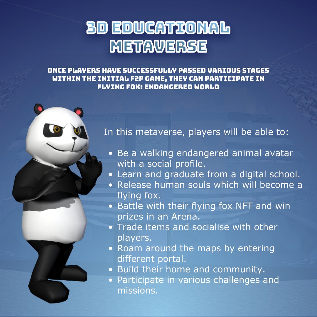 flyingfoxgame's tweet photo. 3D Educational Metaverse ✨

early demo is out now, join discord for more info!
https://t.co/d7MCBmlCc7

#Flyingfoxgame #FlyingFox #Metaverse #3dgame #NFTs #playtoearn #endangeredanimals #web3 https://t.co/z2ZXIai5GN