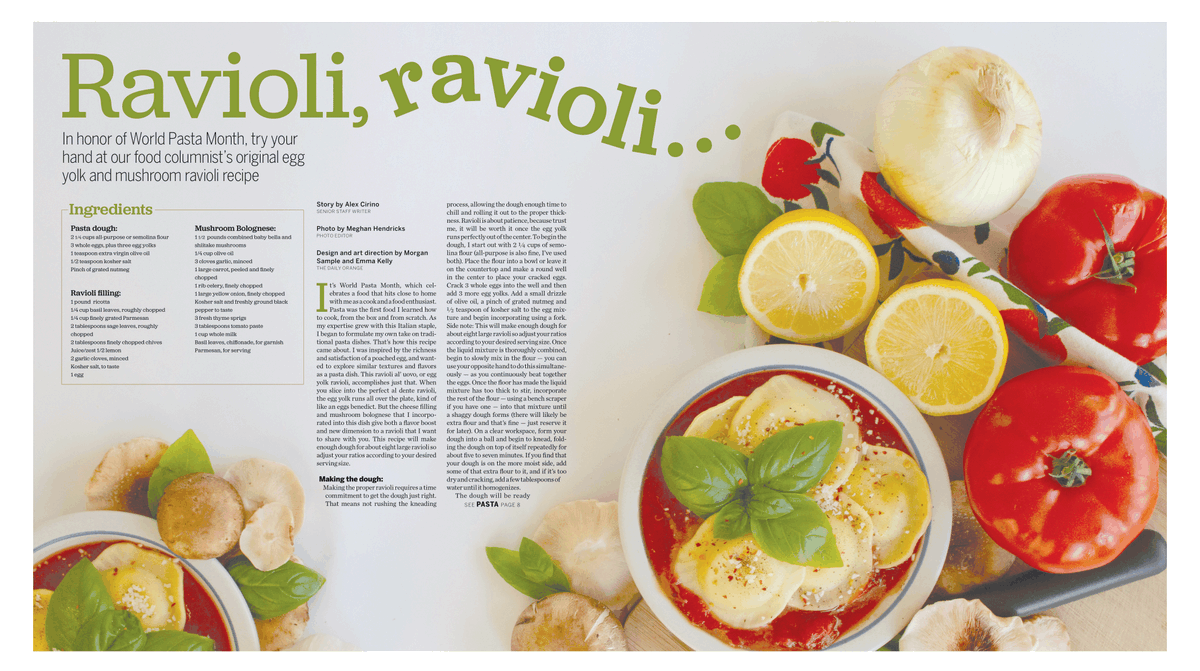 Today in culture: In honor of World Pasta Month, try your hand at our food columnist's original egg yolk and mushroom ravioli recipe. Design and art direction by Emma Kelly and <a href="/Morgansampl_/">Morgan Sample</a> , photo by Meghan Hendricks.