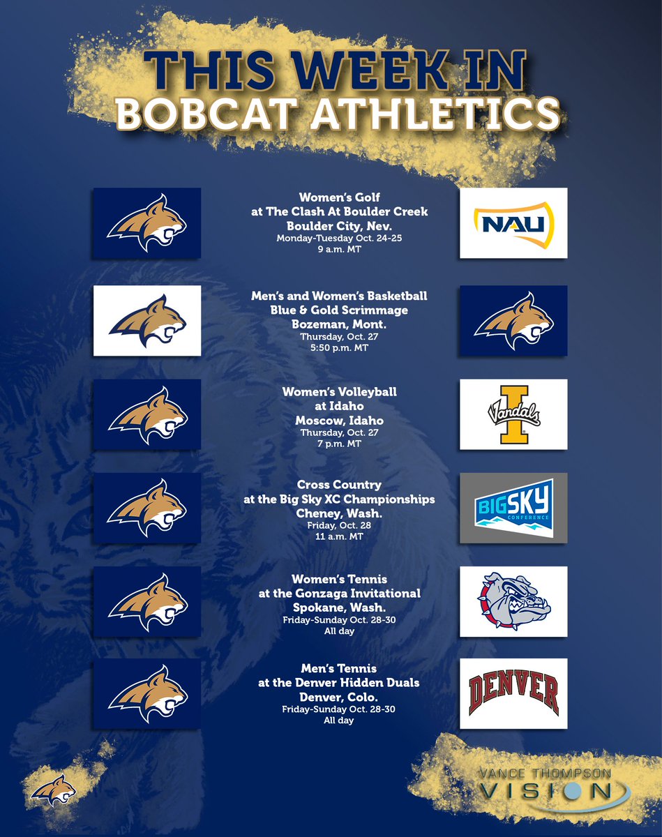 🏌️‍♀️ @MSUBobcatsGolf is playing in Nevada 🏀 @MSUBobcatsMBB and @MSUBobcatsWBB have the Blue & Gold scrimmage this Thursday! 🏐 @MSUBobcatsVB plays Idaho 🏃‍♀️🏃‍♂️ @MSUBobcatsTFXC has the Big Sky Championships 🎾 @MSUBobcatsWTEN and @msumenstennis are on the road #GoCatsGo