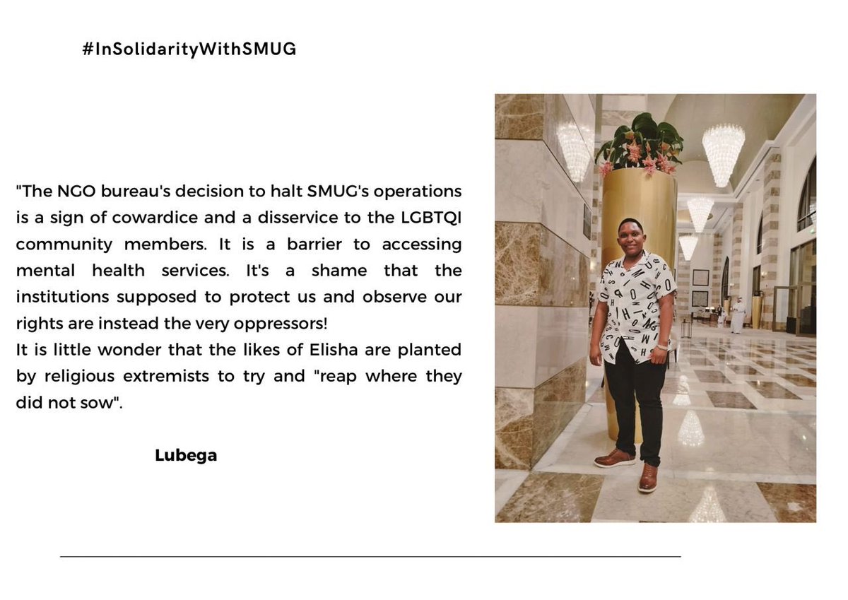KuchuTimes's tweet photo. #ReOpenSMUG Week Four: Olaaaa
“The NGO bureau's decision to halt SMUG's operations is a sign of cowardice and a disservice to the LGBTQI community members.”#InSolidarityWithSMUG #SMUG. To get learn more about the campaign click on the link below https://t.co/cEvyRRwjLc https://t.co/p00gAN1oq4