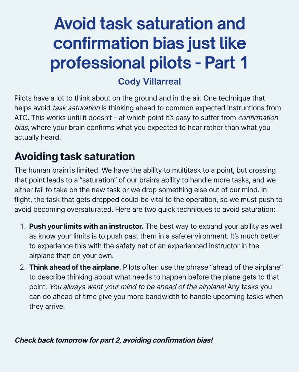 codyvilla's tweet photo. Balancing task saturation and confirmation bias is an ongoing battle for pilots.
Here’s how the pros develop techniques to handle both.
Part 1 - Task saturation
Part 2 - Confirmation bias - coming tomorrow!
#aviation #flying #task #tasksaturation #confirmationbias https://t.co/EihQlIrXHu