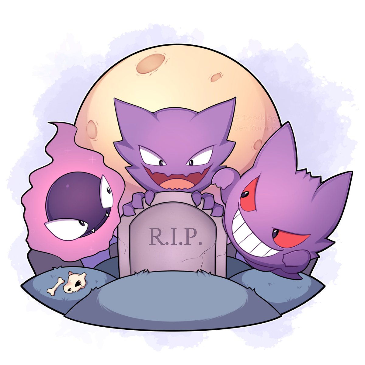 gengar pokemon (creature) tombstone no humans smile grin open mouth moon  illustration images