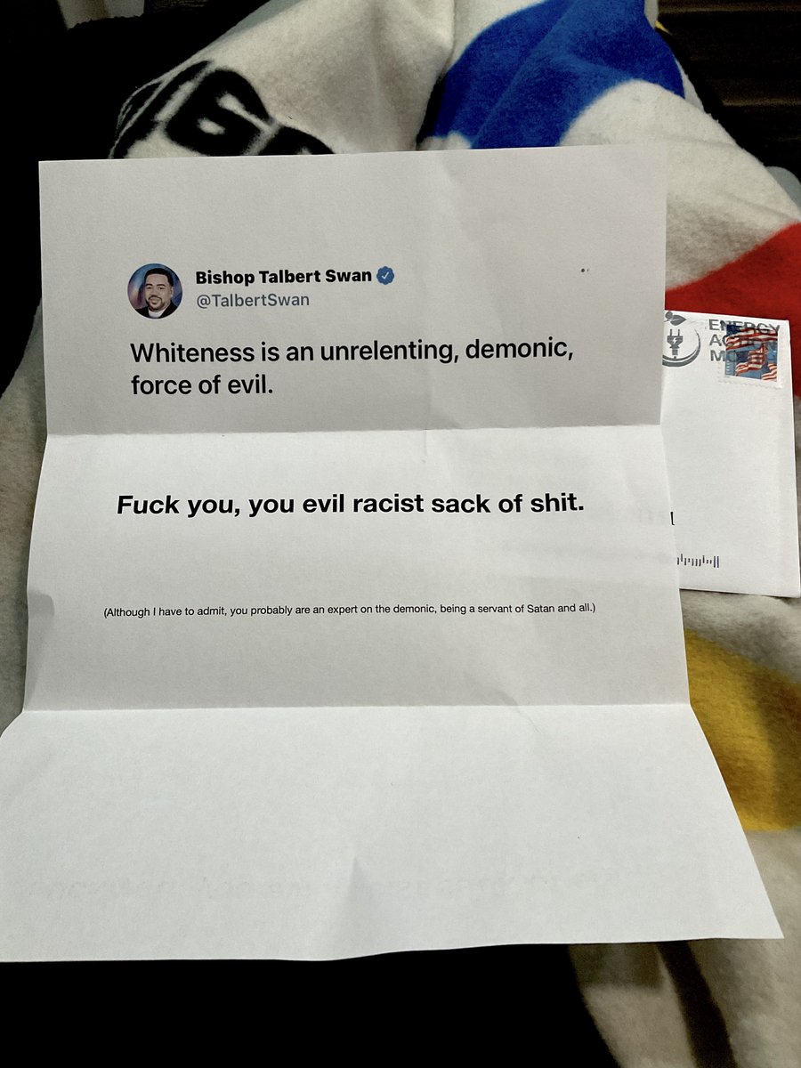 TalbertSwan's tweet photo. Block the trolls on Twitter, they run to the post office to get a stamp, but won’t put their name or return address on the letter. 

Always cowards. https://t.co/zfcz8jPmNB