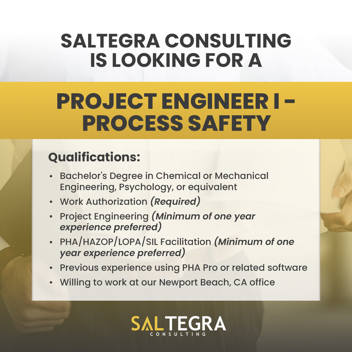 Be part of Saltegra Consulting LLC! If you qualify for this position, you may send your resume to contact@saltegra.com.

Find more details about the essential duties and responsibilities of the job here: indeedhi.re/3TccHHk

#SaltegraConsulting #ProjectEngineerI