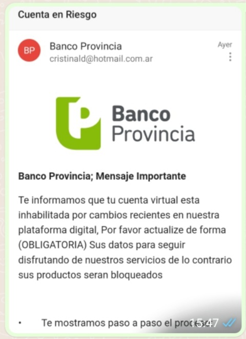 DoalloCristina's tweet photo. @bancoprovincia B noches, recibi esas notificaciones x correo a las q no respondi. Puedo tener problema? https://t.co/xA8anW1hE7