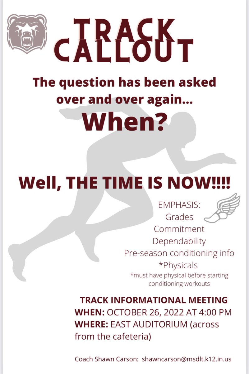 It’s that time………..to learn more about LC Track and Field.  🏃🏽🏃‍♀️👟

Track Callout meeting this Wednesday at 4pm. Hope to see you there!!

Go Bears!! 🐻🐻