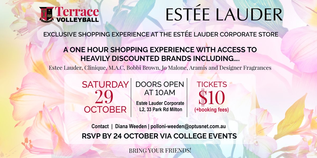 Estee Lauder Corporate Shopping Experience | If you want your favourite products at the best possible price, grab a friend and register for this Saturday's corporate shopping experience! Sales close Friday 29 October. Tickets and details via below link.

events.humanitix.com/2022-terrace-v…