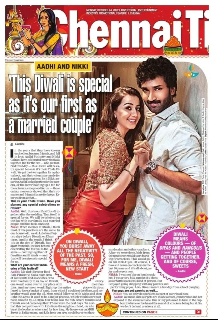 ChennaiTimesTOI's tweet photo. It's #ThalaDeepavali for namma @AadhiOfficial and @nikkigalrani, and the couple speaks to us about their plans for the big day, life post marriage, and more...
#HappyDiwali2022 #HappyDiwali 
@parkhotelsindia #THEParkChennai @VurveSalon #Studio149 https://t.co/ol29nduDr8