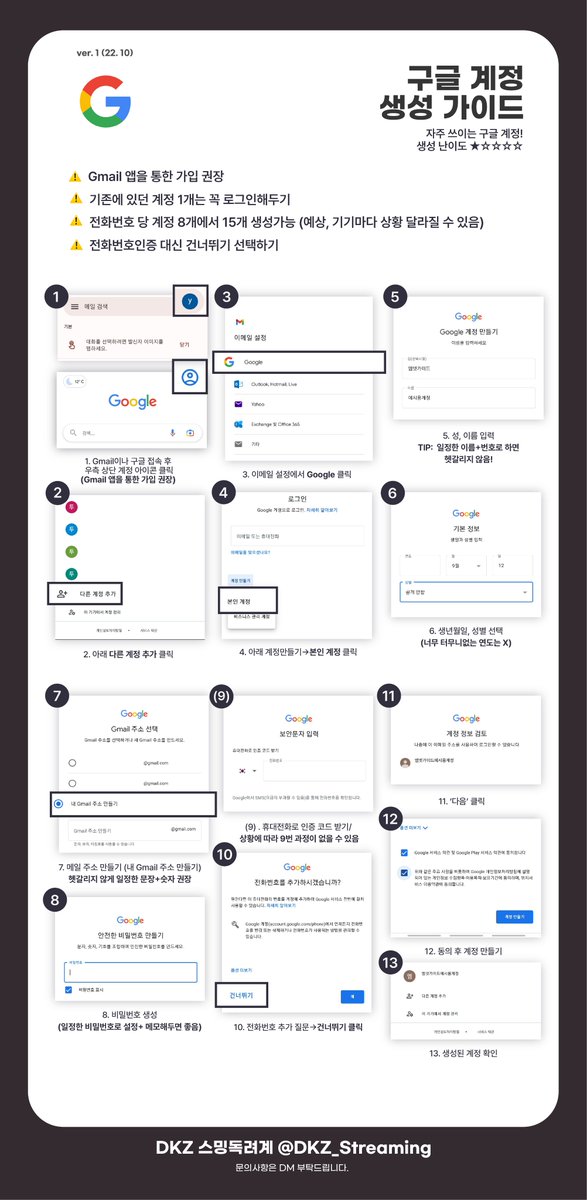 [구글 다계정 만들기 가이드] ver.1

덕질 활동 시 기본중에 기본! 
쓰이는 곳이 정말 많은 구글 계정,
시간 날 때 미리 만들어두기! 📢

문의사항->DM ❤️