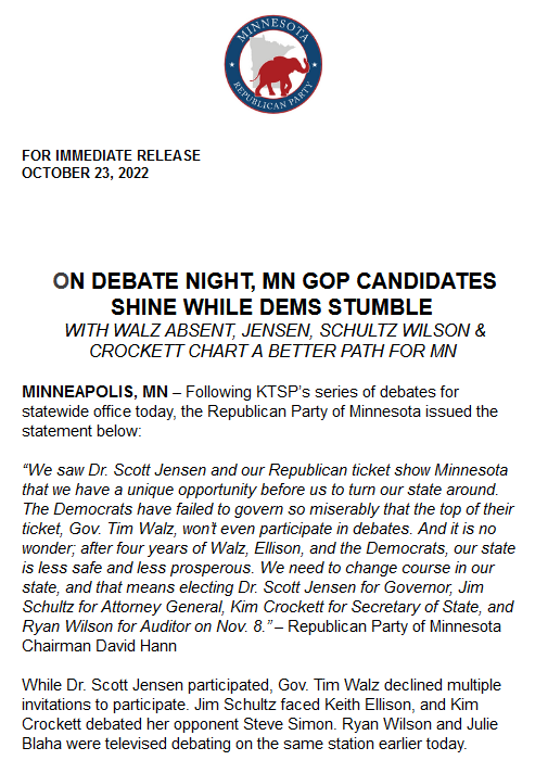 Republicans will continue to show up for the people of Minnesota while Democrats spread misinformation, lie, or don't show up at all. READ MORE:
