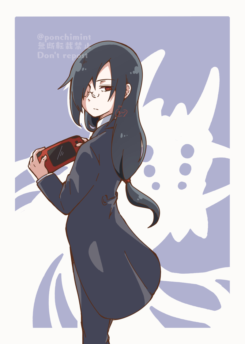 long hair solo black hair glasses red eyes low-tied long hair holding  illustration images