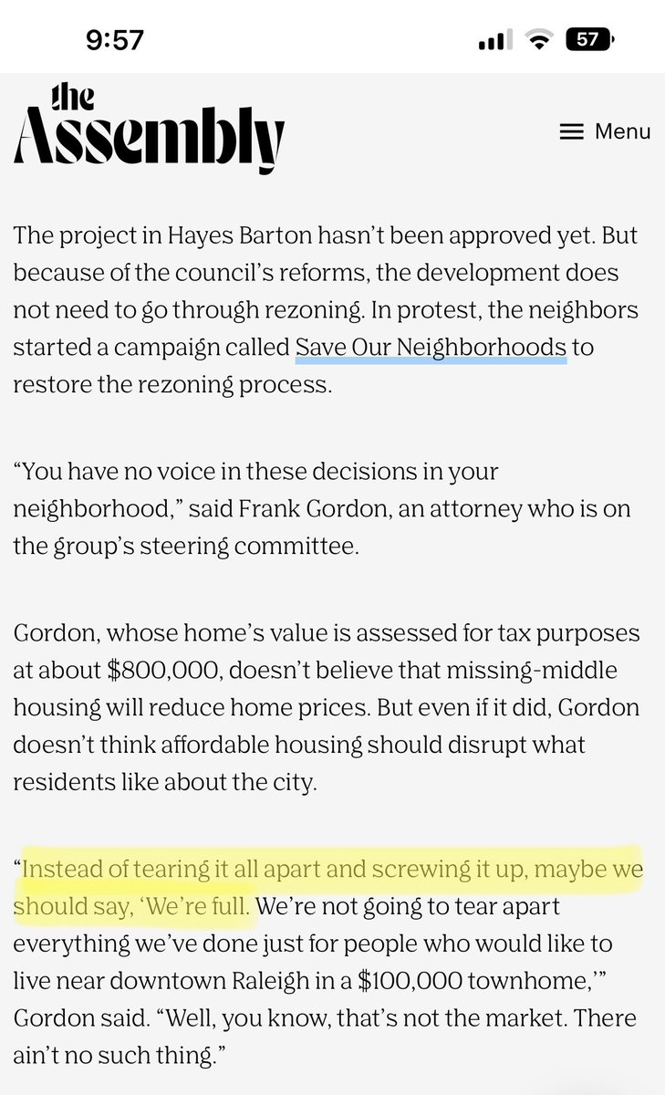 Frank Gordon, a member of the steering committee for “Save Our Neighborhoods” (from what?) gives away the game for the NIMBYs and <a href="/RaleighLivable/">Livable_Raleigh @livableraleigh.bsky.social</a>. No new housing in their rich, white neighborhoods. This results in gentrification and increased urban sprawl #ralpol