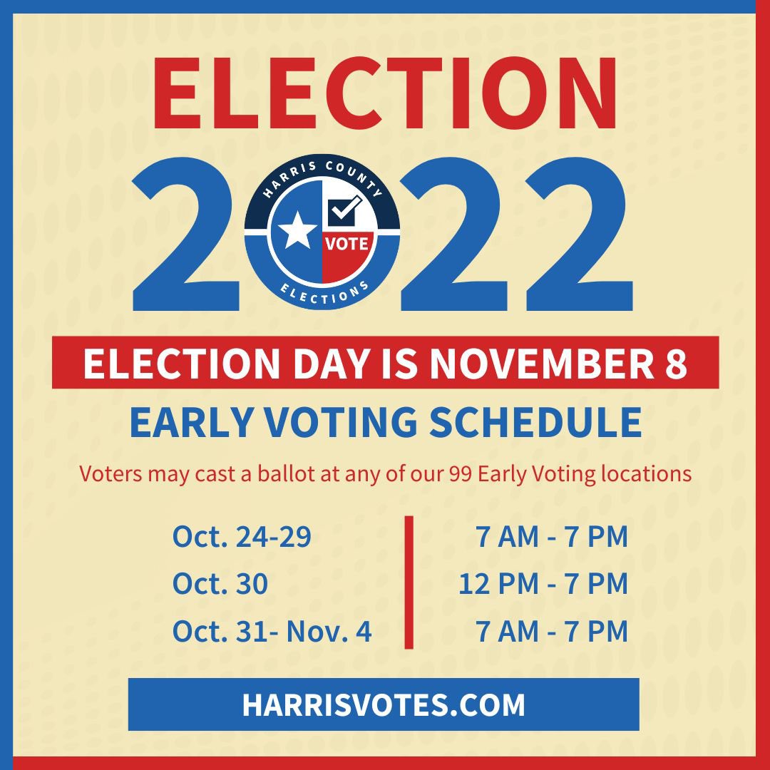 EARLY VOTING IN DISTRICT F 📣
🍎Alief ISD Admin / 4250 Cook Rd.
🍎Chinese Civic Center / 5905 Sovereign Dr.
🍎HCC Alief Center /13803 Bissonnet St.
🍎Alief ISD Center for Talent
14411 Westheimer Rd.
🍎Mission Bend Islamic Center
6233 Tres Lagunas
🍎Tracy Gee / 3599 Westcenter Dr.