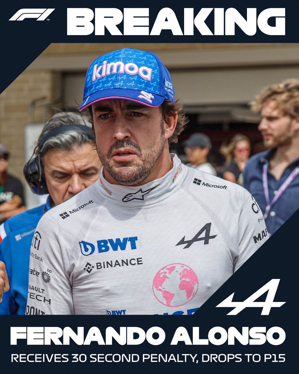 BREAKING: Fernando Alonso has received a 30-second penalty as his car was sent back on track in an unsafe condition

He drops down to P15, with Vettel (P7), Magnussen (P8), Tsunoda (P9) and Ocon (P10) all moving up in the points

#USGP #F1