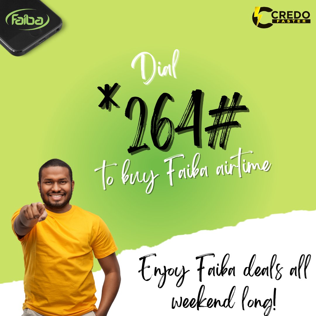 Credofaster1's tweet photo. Yes, you! It's time to top up your #Faiba airtime and get call and bundle deals.🙂
Simply dial *264# or visit https://t.co/FAhuYqDuyt ...
#buyairtime #credofaster #weekendvibes #weekendeals #bundles #calls #texts #kenya https://t.co/HFDGUSBuat