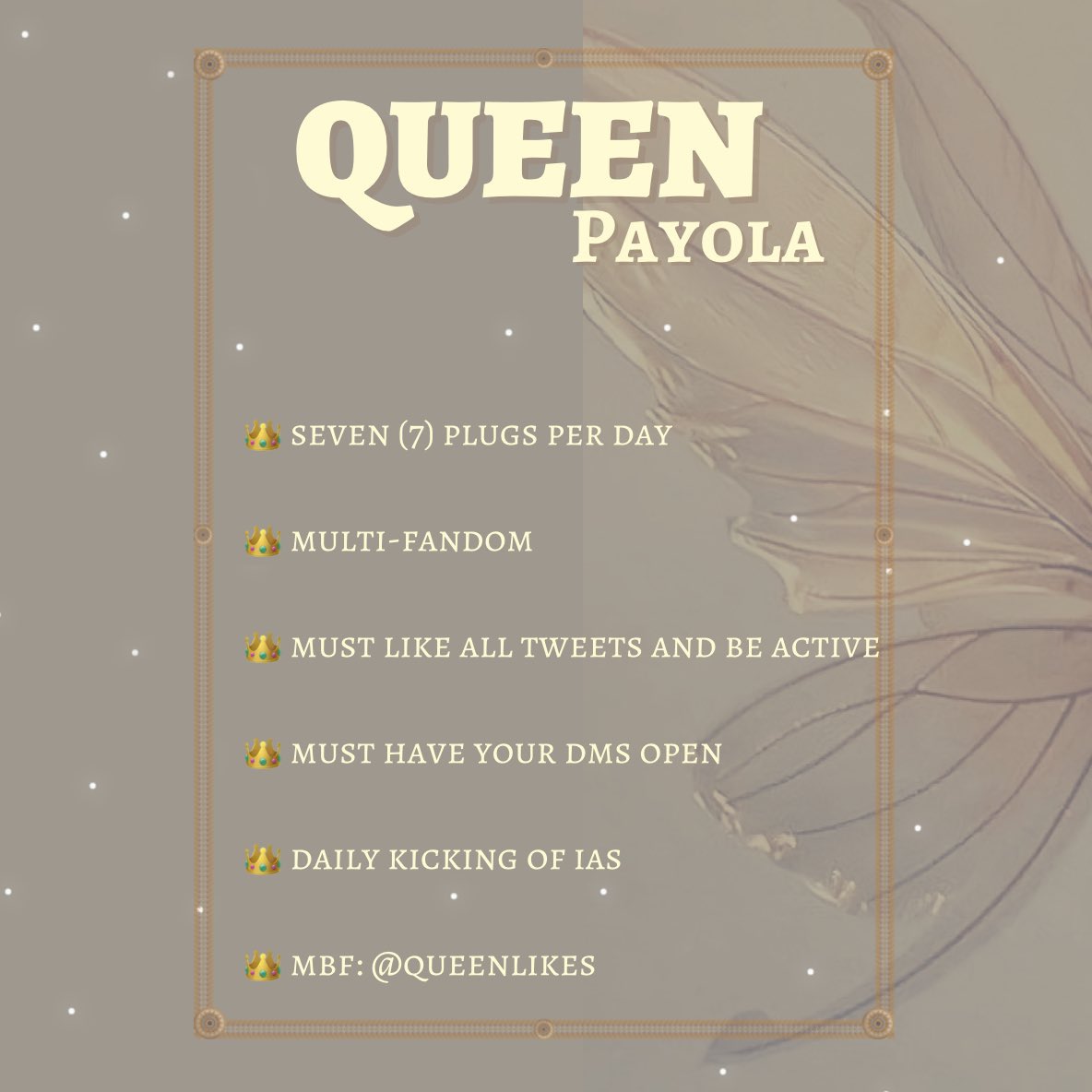 QUEEN PAYOLA IS RECRUITING ACTIVE MEMBERS!
- 60+ likes 
- multi fandom 
- must be active 
- MBF <a href="/queensIikes/">QUEEN</a> 
- MUST have your dms open &amp; following us! 

RT &amp; reply to join - adding in 24 hours!