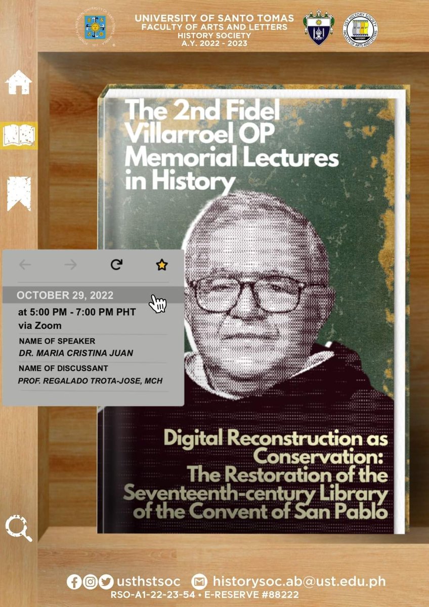 USTHSTSOC's tweet photo. 📣 Heads up, History Majors!

The Fidel Villaroel, O.P. Memorial Lectures in History are back! This lecture series pays tribute to the late Fr. Fidel Villarroel, the great Dominican archivist, and historian of UST. https://t.co/Y1GdK5xnlf