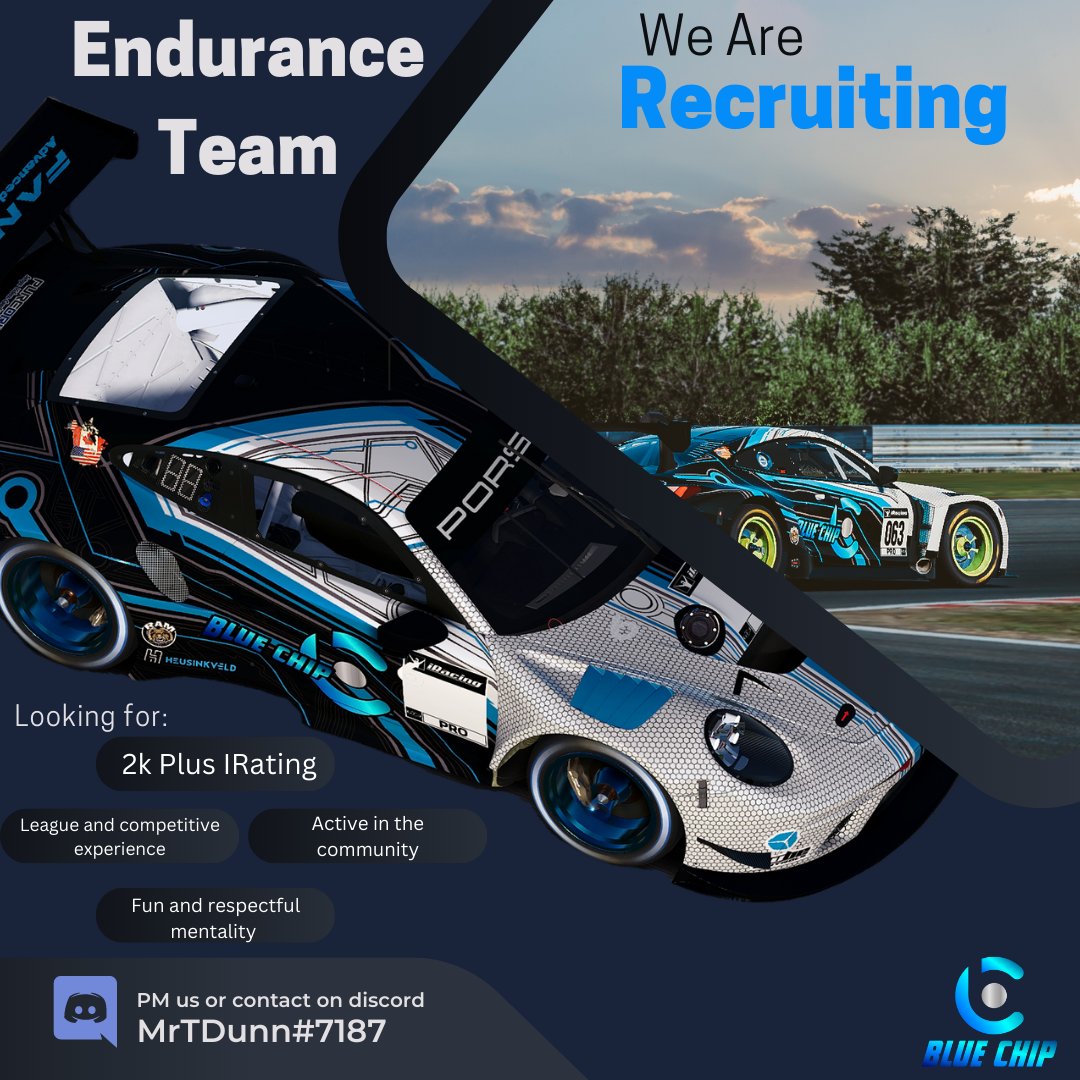 BlueChip_Racing's tweet photo. ๐ตBlueChip Racingโช๏ธ
Recruiting! ๐
#SimRacing #iRacing #BlueChip #RAMDesigns #Gaming #Endurance https://t.co/b89bFwMV4C