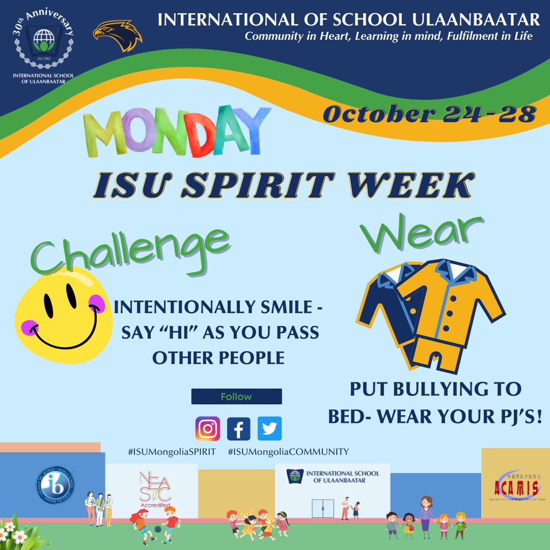 @isulaanbaatar ISU celebrates day 1 of Spirit Week in support of the global Bullying Prevention Month. Today we 'put bullying to bed' by wearing our PJ's.
ISU - Community in Heart #isumongoliaSPIRIT #isumongoliaCOMMUNITY #isumongoliaINCLUSION #isuMongoliaGLOBALCITZENSHIP