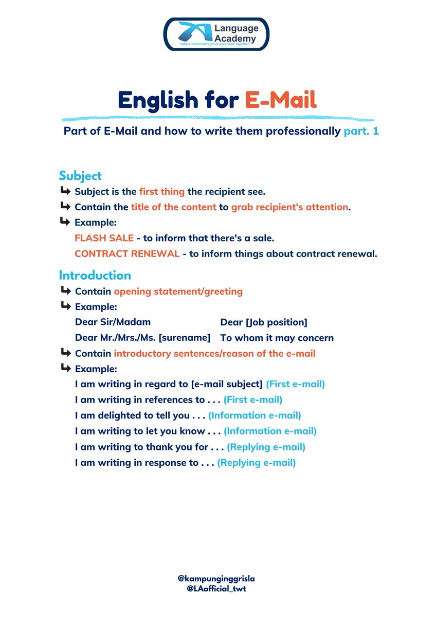 LAofficial_twt's tweet photo. Cara menulis e-mail professional dalam bahasa inggris!
Berikut adalah ungkapan-ungkapan bahasa inggris formal untuk menulis e-mail.
#TipsbyLA #WritingWithLA https://t.co/T2CwImv6en