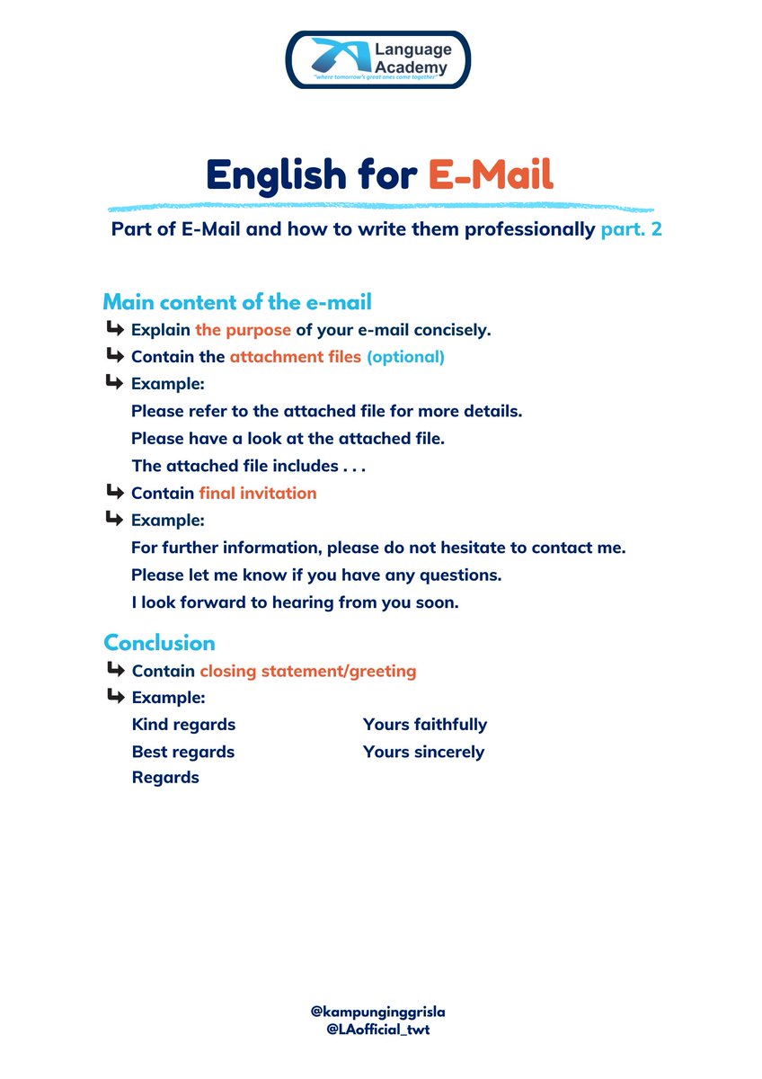 LAofficial_twt's tweet photo. Cara menulis e-mail professional dalam bahasa inggris!
Berikut adalah ungkapan-ungkapan bahasa inggris formal untuk menulis e-mail.
#TipsbyLA #WritingWithLA https://t.co/T2CwImv6en