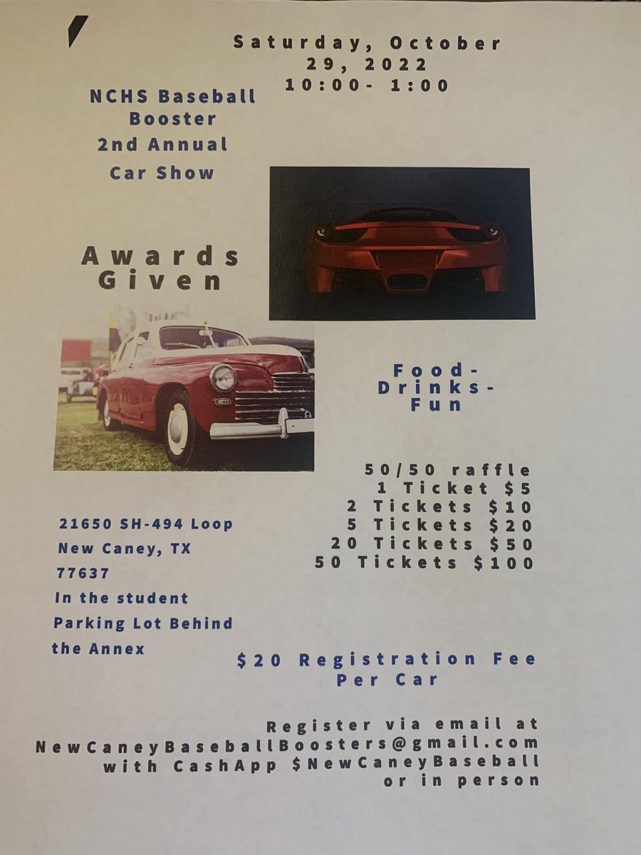 Come out and support the New Caney baseball team. Car Show this Saturday.@NewCaneyBsball @coachfoley17