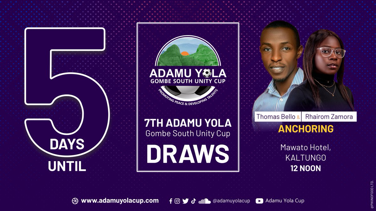 AdamuYolaFDN's tweet photo. Let the #CountDown continue!

5 Days Until the 7th @adamuyolacup Draws.

Abuja and Jos on air finest @thomasbellodav2 &amp; @Rhaizamora will be anchoring.

Save the date and watch us live.

Sat 29-10-2022  |  12pm

#AdamuYolaCup
#PromotingPeace
#DevelopingTalents
#AdamuYolaFoundation https://t.co/8kb5HJOjYv