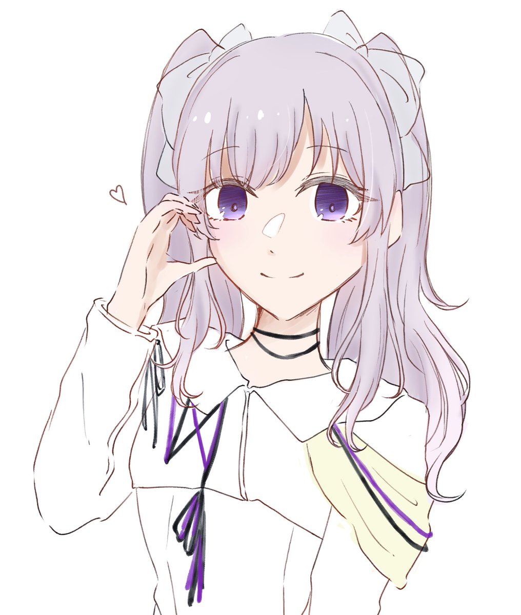 yukoku kiriko 1girl solo purple eyes smile white background twintails grey hair  illustration images