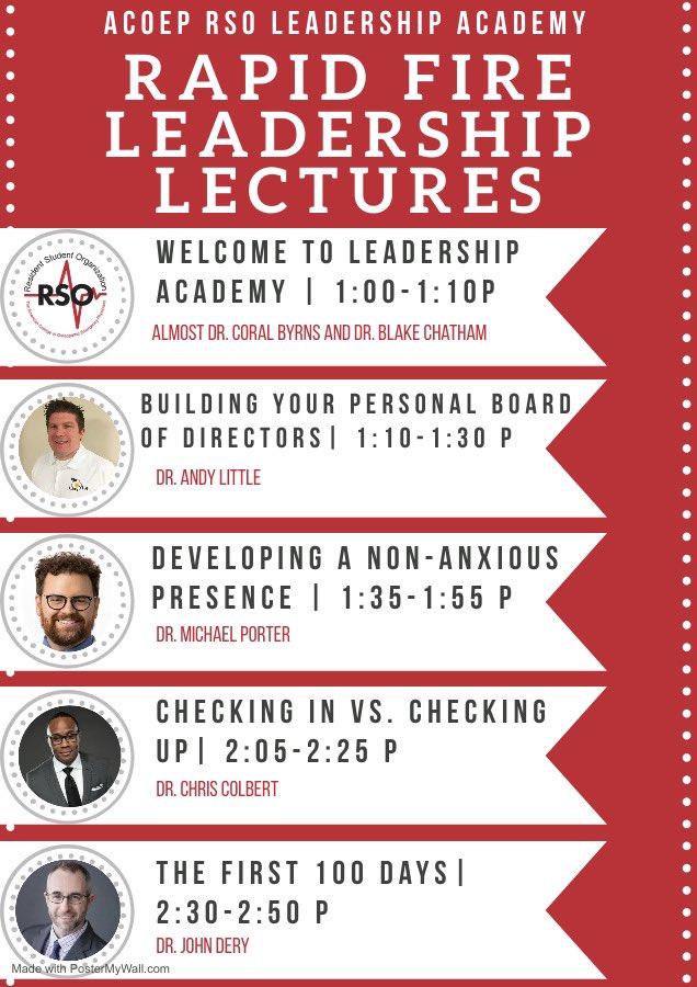 WhiteCoatBlake's tweet photo. I had the honor of partnering with the one and only @coralemily &amp; the rest of the @ACOEPRSO team to plan and host this years Leadership Academy! Here’s a line up of our rapid fire leadership lectures which will be followed by Ultrasound led by @NRH_EM and an RSO Amazing Race! https://t.co/pvNctRY9f8