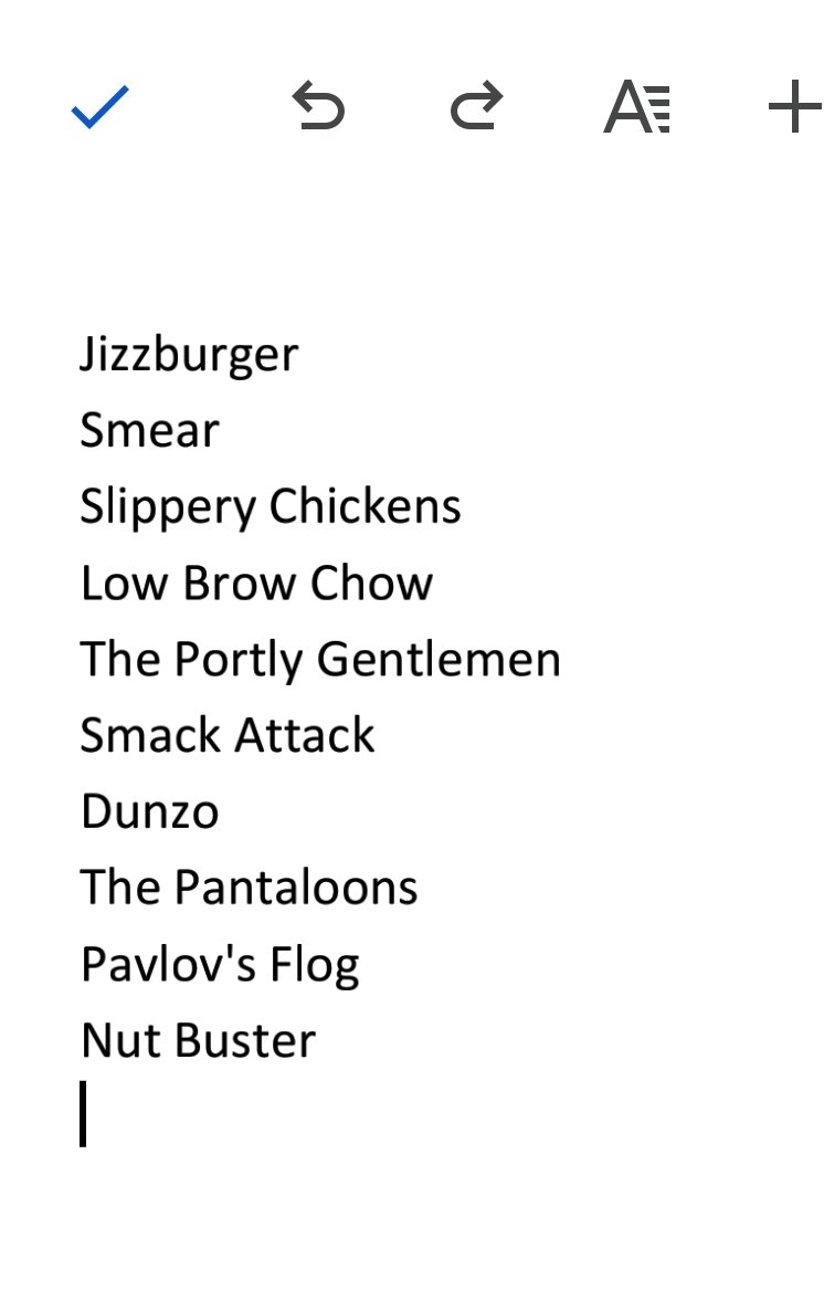 My partner and his mates are trying to come up with a name for their new band. For some reason he's stopped replying when I text him my suggestions...