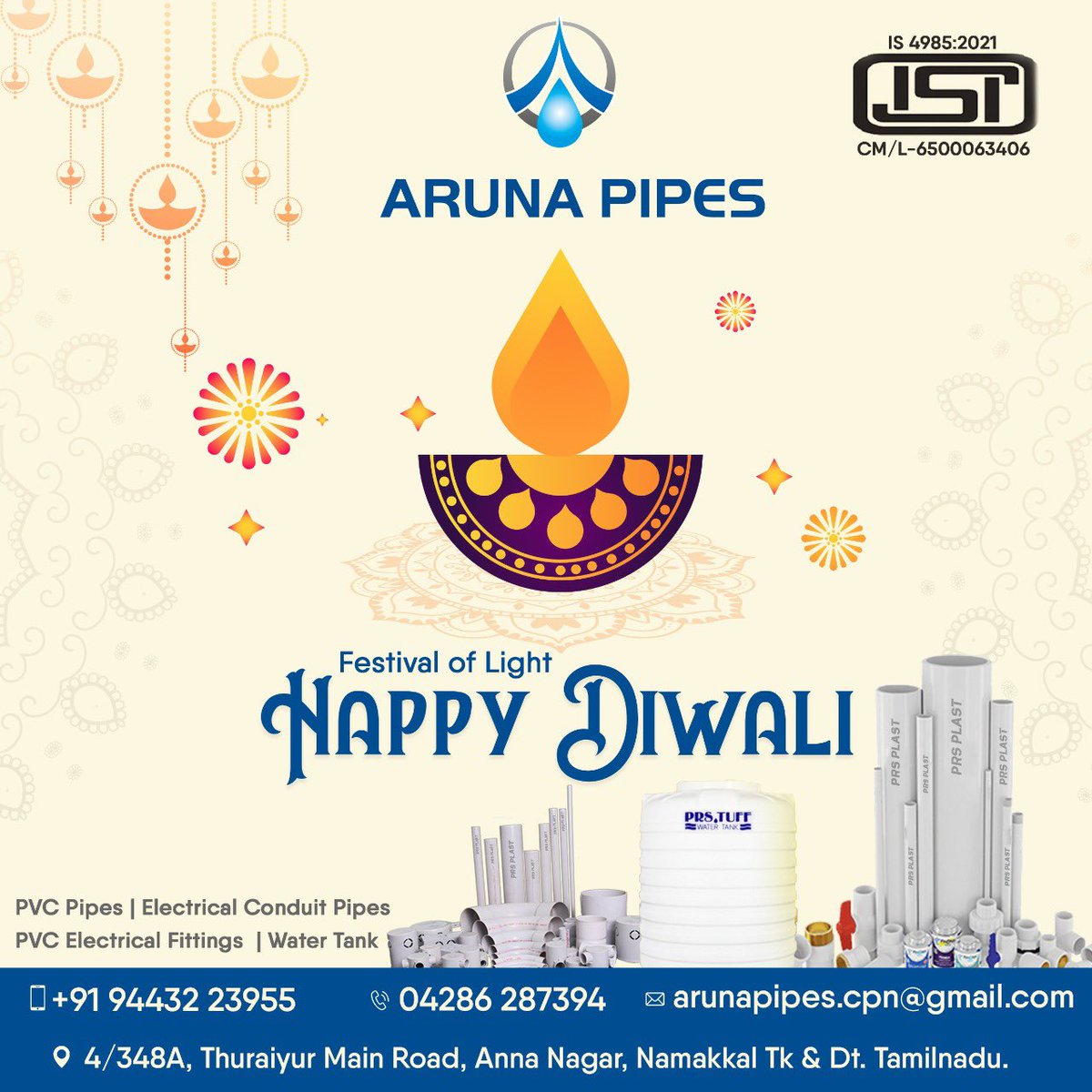 arunapipes's tweet photo. Aruna Pipes Namakkal wishing you all a very happy Diwali 🪔💥🎇🧨🎊💣 https://t.co/y8796IgB3T