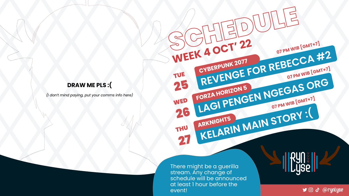RynLyse's tweet photo. SI TOLOL INI LUPA EDIT TANGGAL 😭

Schedule for this week...

See ya!

YT: https://t.co/mLLeNpmCxq

RT's are appreciated 🙏

General: #RynLyse
Live &amp; Clips: #RynLive
Fanart: #RynLine
Memes: #RynLMAO
Fan Name: #RynDear https://t.co/wvoQYdSial