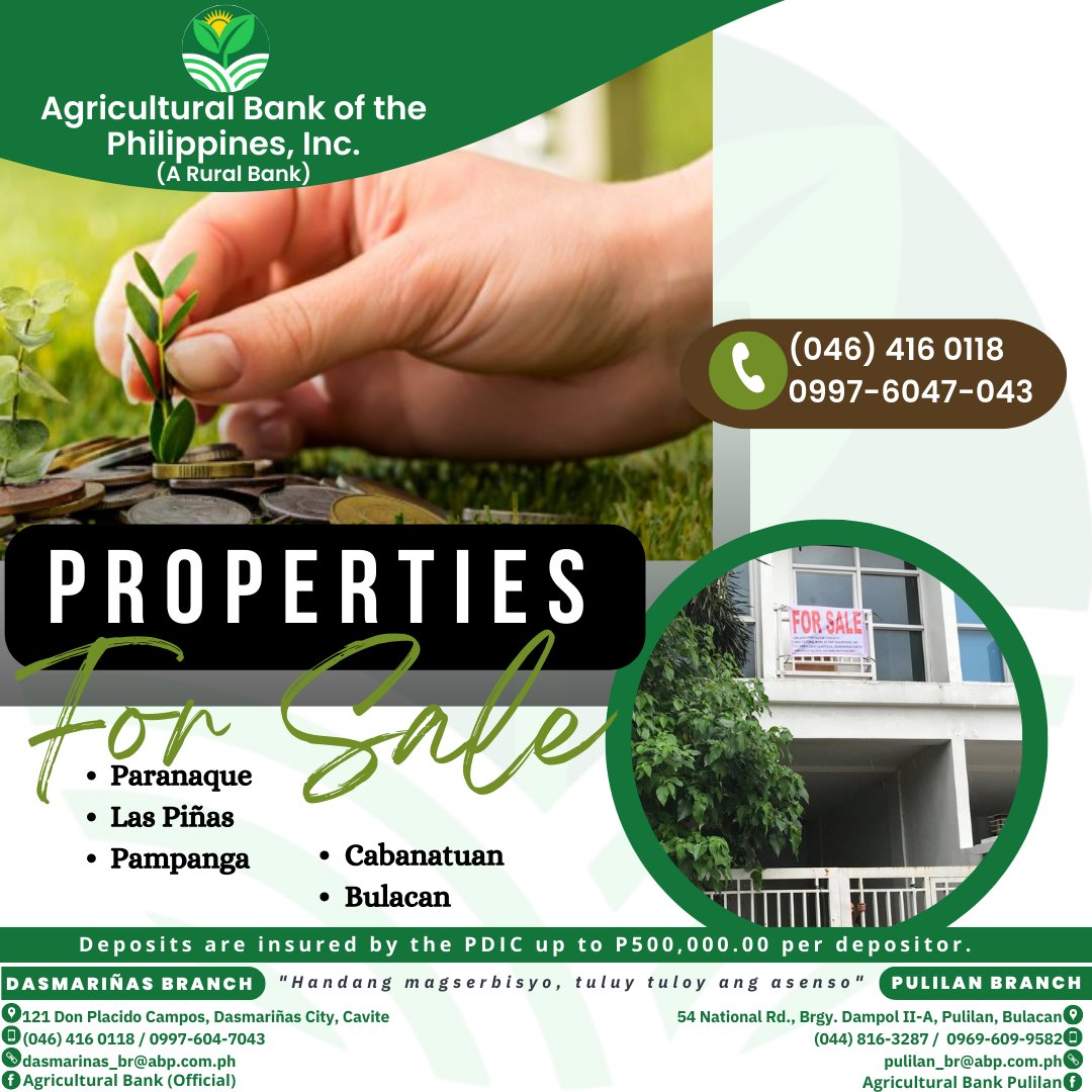 phil_agribank's tweet photo. PROPERTIES FOR SALE

Properties Location:
•Parañaque
•Las Piñas
•Pampanga
•Cabanatuan
•Bulacan

For inquiries you may contact us through 046 416 0118 or 0997-6047-043.

#AgriculturalBankOfThePhilippinesInc
#HandangMagserbisyoTuloyTuloyAngAsenso https://t.co/Tz7Q94etJn