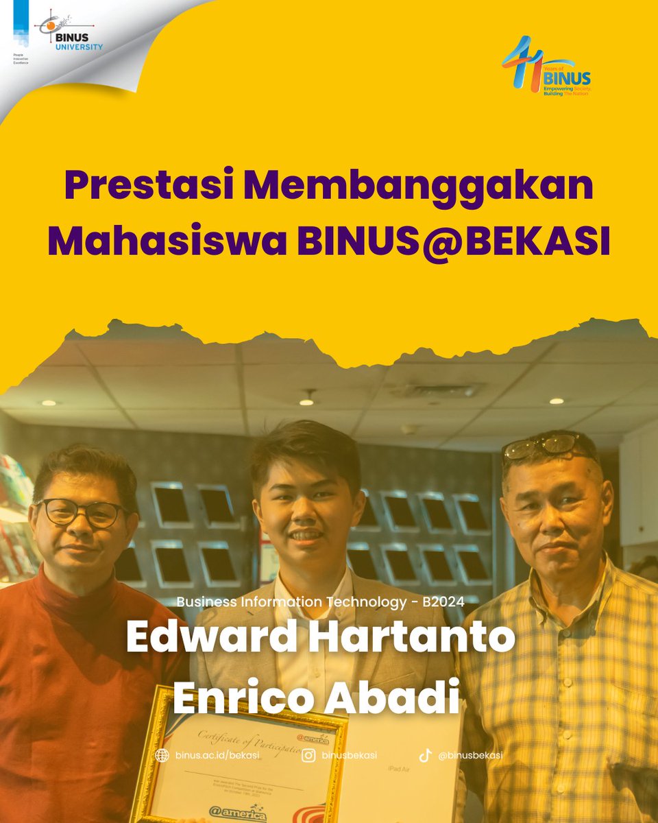 binusbekasi's tweet photo. Sekali lagi, Edward Hartanto Enrico Abadi berhasil meraih juara 2 pada kompetisi EnviroPitch yang diadakan oleh @atamerica. https://t.co/ydWLNMneau
