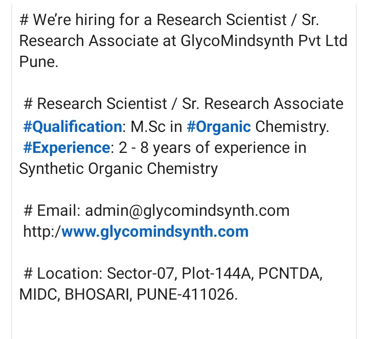 researchanand's tweet photo. Job Alert!!!

#pune_jobs 
#organic_chemistry https://t.co/qMExJ5WfZ0