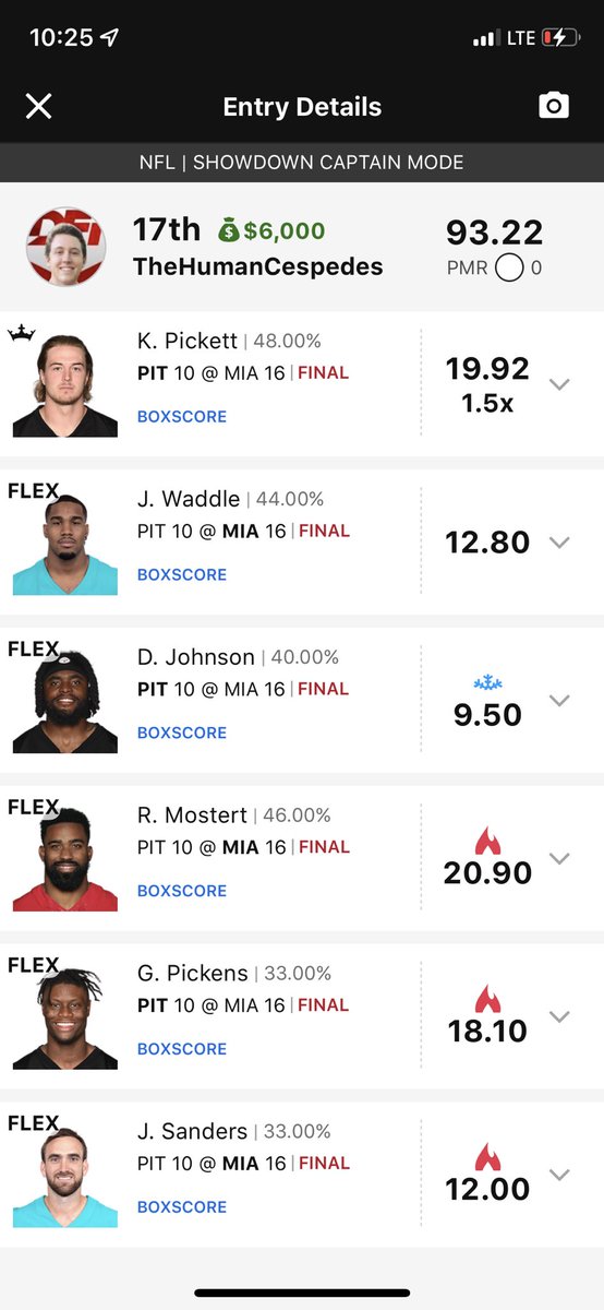 JustinMacmahan's tweet photo. This looked a lot better at half time, but at least I cashed. Pickett has potential but he’s not quite there yet. Mixed bag today for the #DFITakeover with the injury bug biting hard. The good news is we get to watch Justin Fields on primetime again tomorrow night! https://t.co/llwPrJfTwU